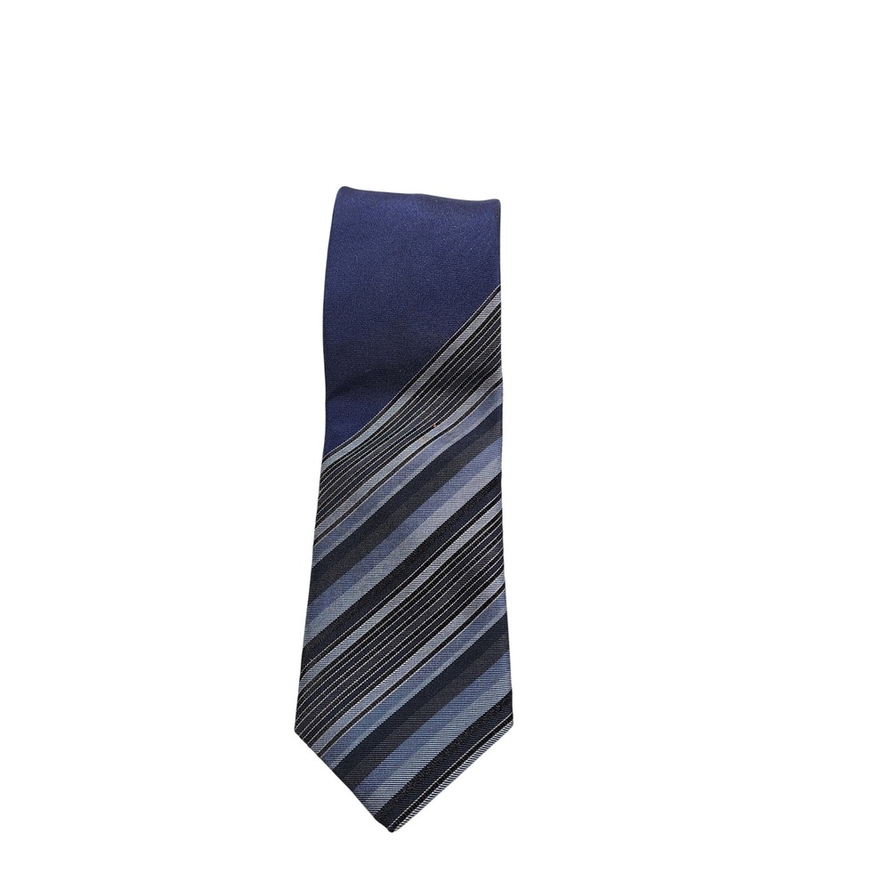 John Varvatos USA Mens Silk Necktie Navy Blue Grey Striped Diagonal Split 59 in